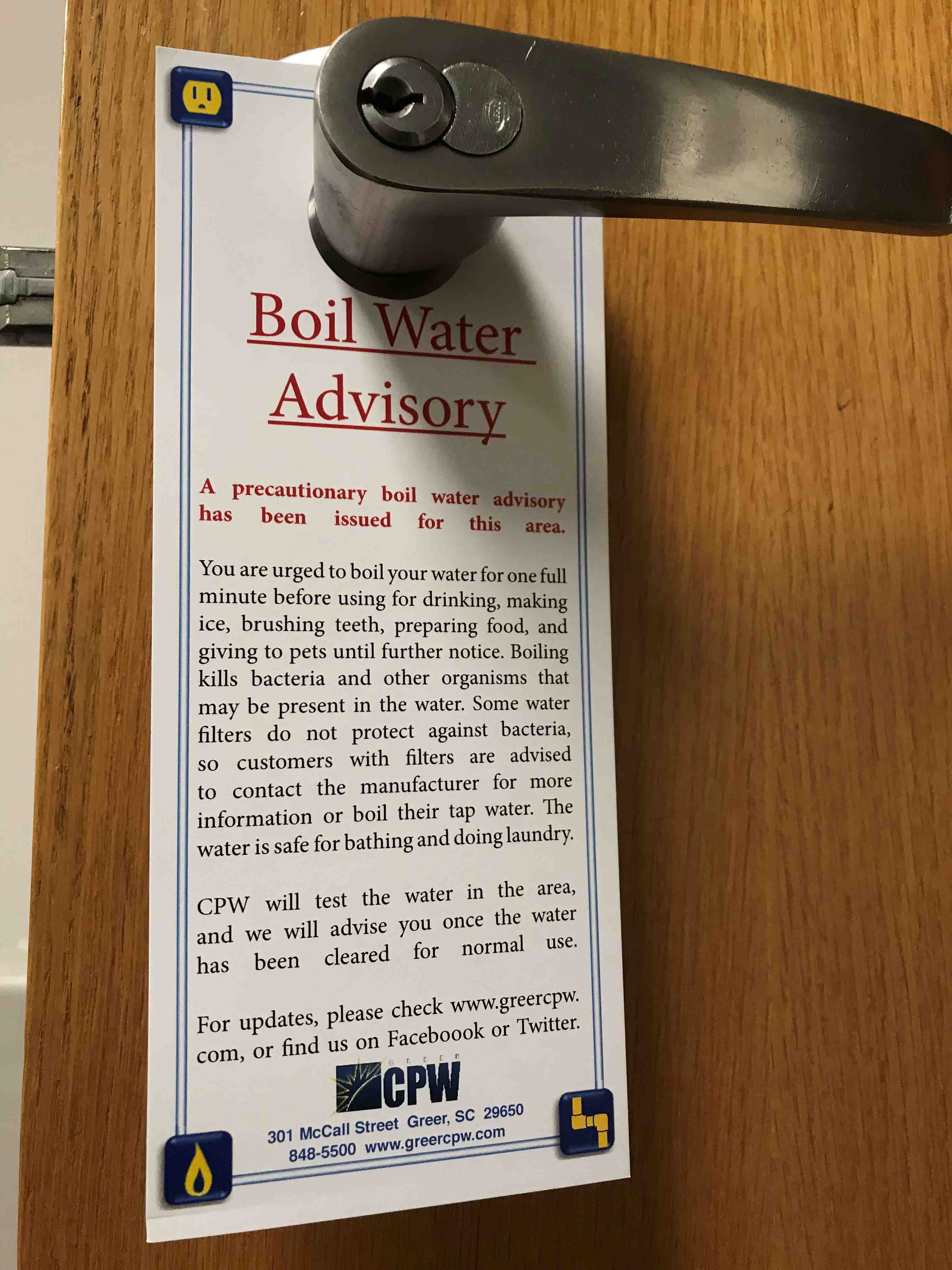 Greer Commission of Public Works boil water advisory door hanger